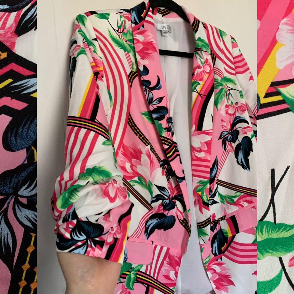 Ovi bright abstract open front blazer with gathered sleeves size L - Picture 2 of 4